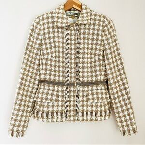 Allen by Allen Schwartz Tan Ivory Houndstooth Tweed Beaded Fringed Blazer 4